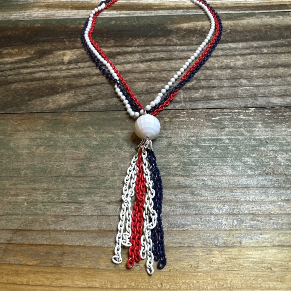 Vintage 1970s Red White Blue Link Chain Tassel Summer Necklace – 24” Patriotic
